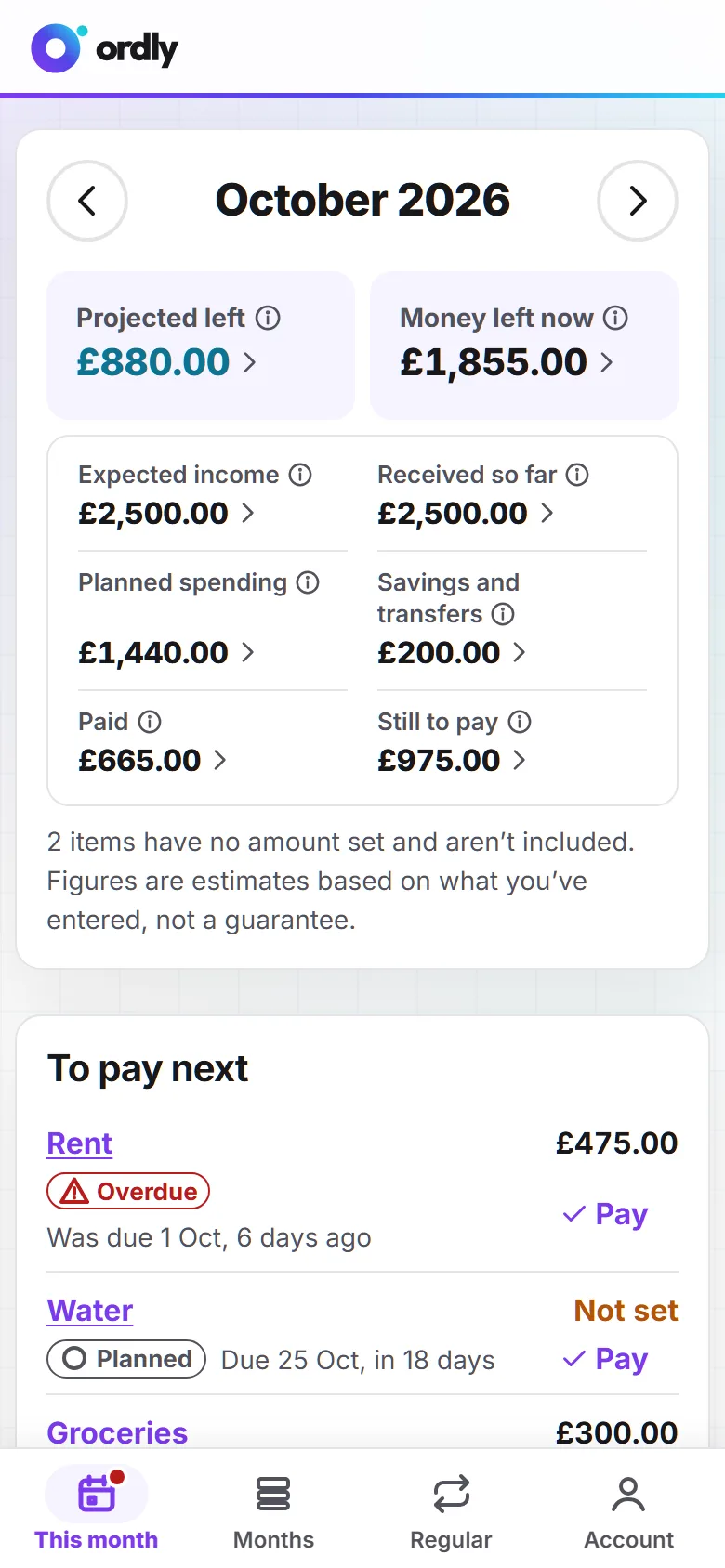 The same Ordly month on a phone, with the totals in a compact grid and a tab bar along the bottom.