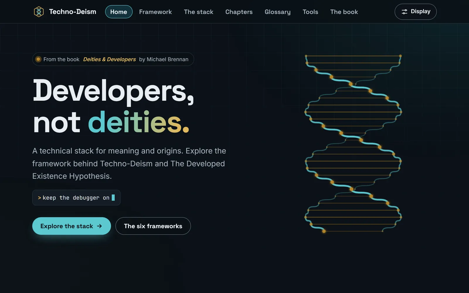 The Techno-Deism home page in its dark theme, with an animated DNA helix beside the headline.