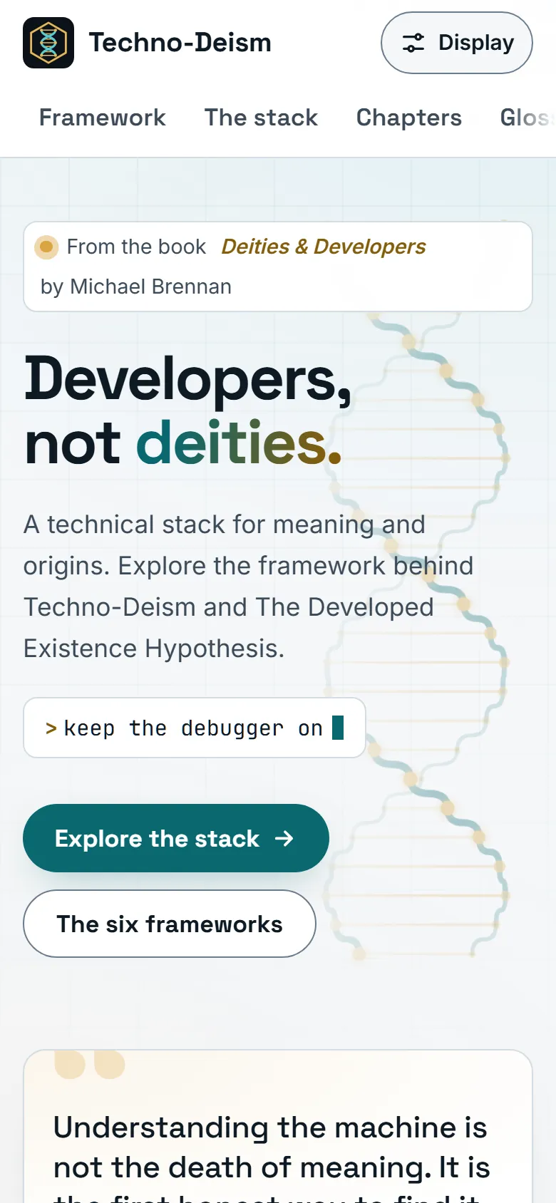 The Techno-Deism home page on a phone, in the light theme.