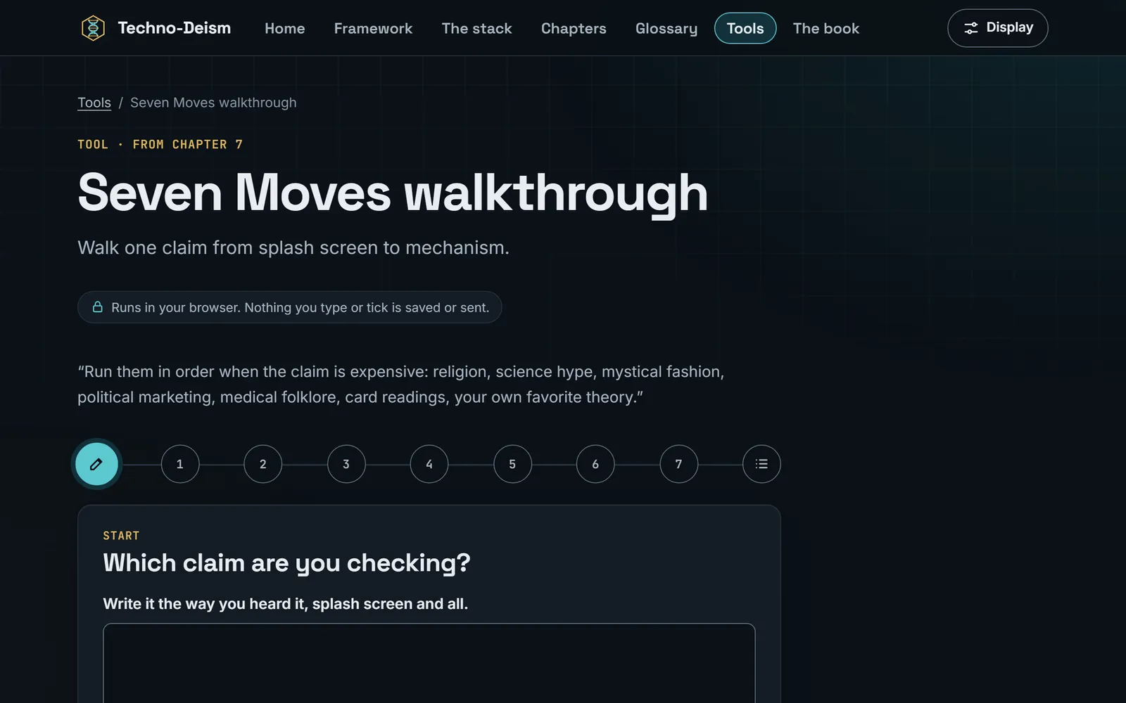 The Seven Moves tool, stepping through a claim one question at a time.
